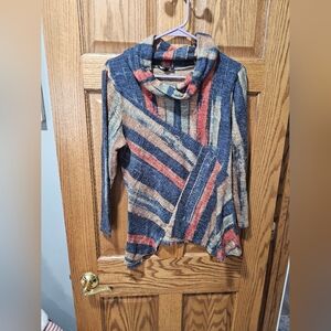 Striped Knit Cowl Neck Tunic - Blue, Rust, Cream
